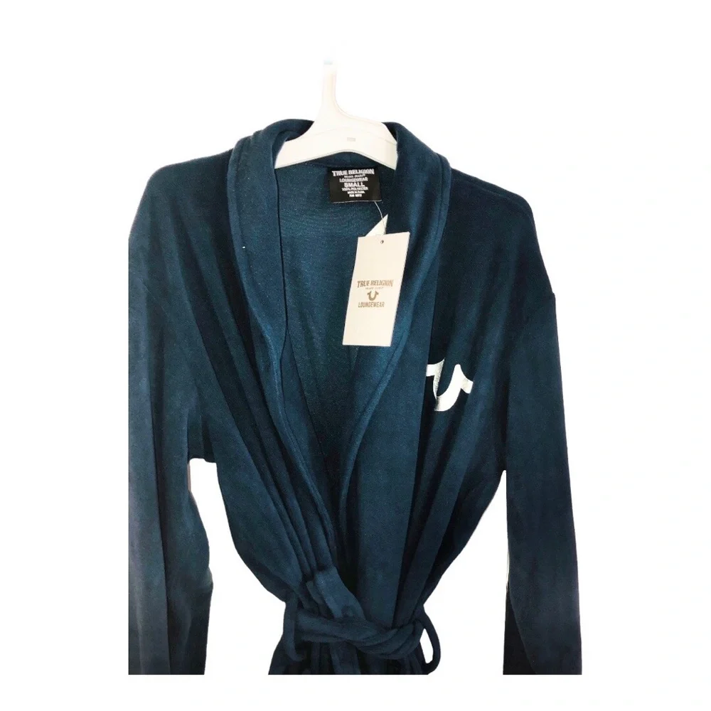 True Religion dark navy blue fleece silver logo lounge bath robe size small new‎